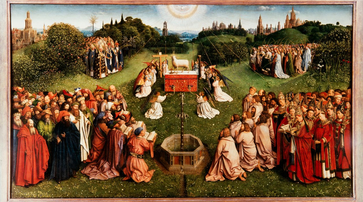 Gents altartavla. Tillbedjan av det mystiska lammet, 1432. av Jan van Eyck