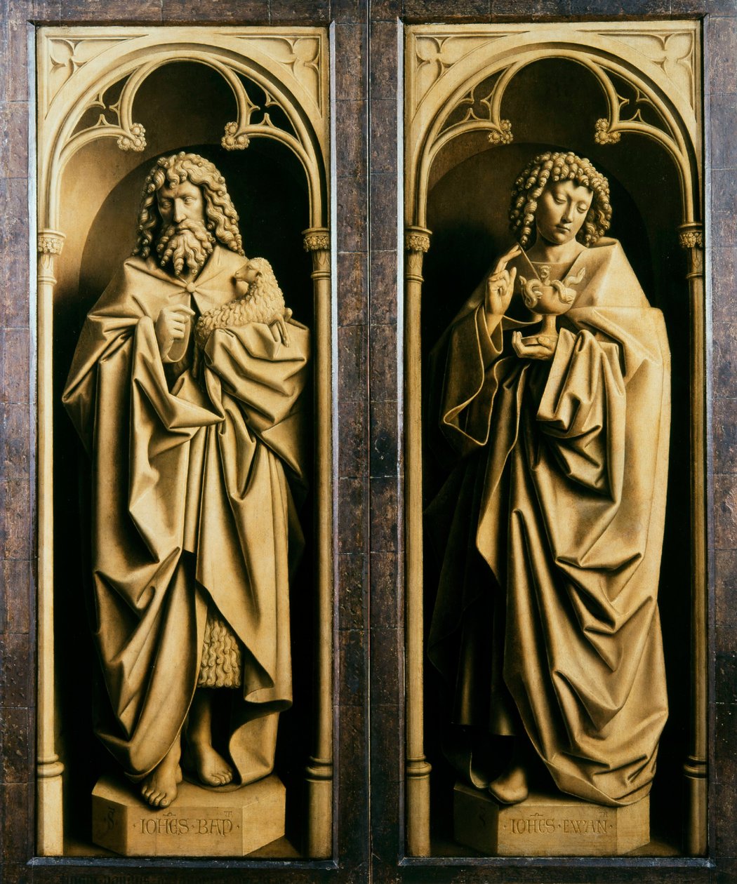 Gents altartavla. Tillbedjan av det mystiska lammet: Johannes Döparen och Johannes evangelisten, 1432. av Jan van Eyck
