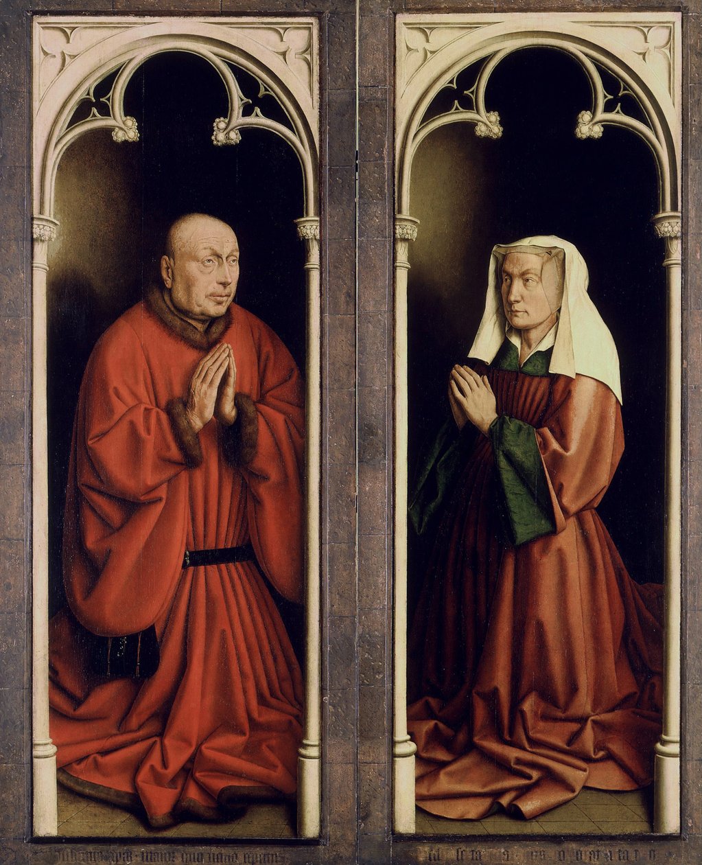 Gents altartavla. Tillbedjan av det mystiska lammet: Joos Vijd och Elisabeth Borluut, 1432. av Jan van Eyck
