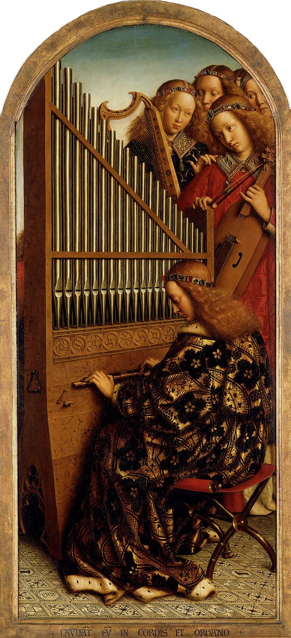Gents altartavla. Adoration of the Mystic Lamb: Music-making Angels, 1432. av Jan van Eyck