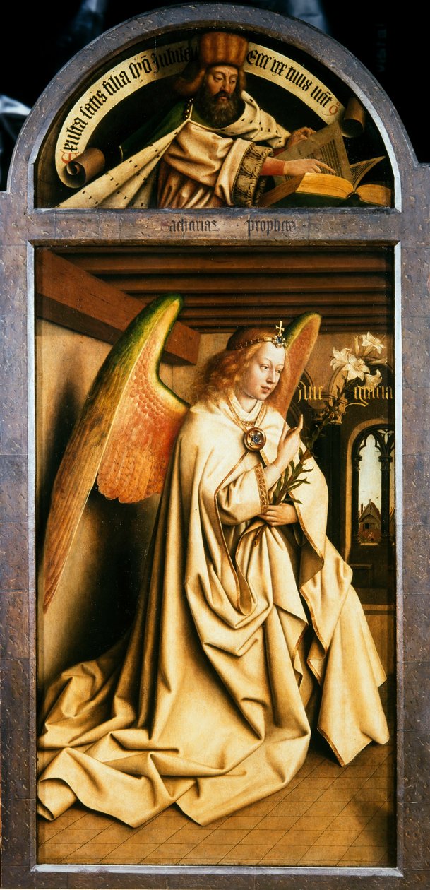 Gents altartavla. Tillbedjan av det mystiska lammet: Ärkeängeln Gabriel, 1432. av Jan van Eyck