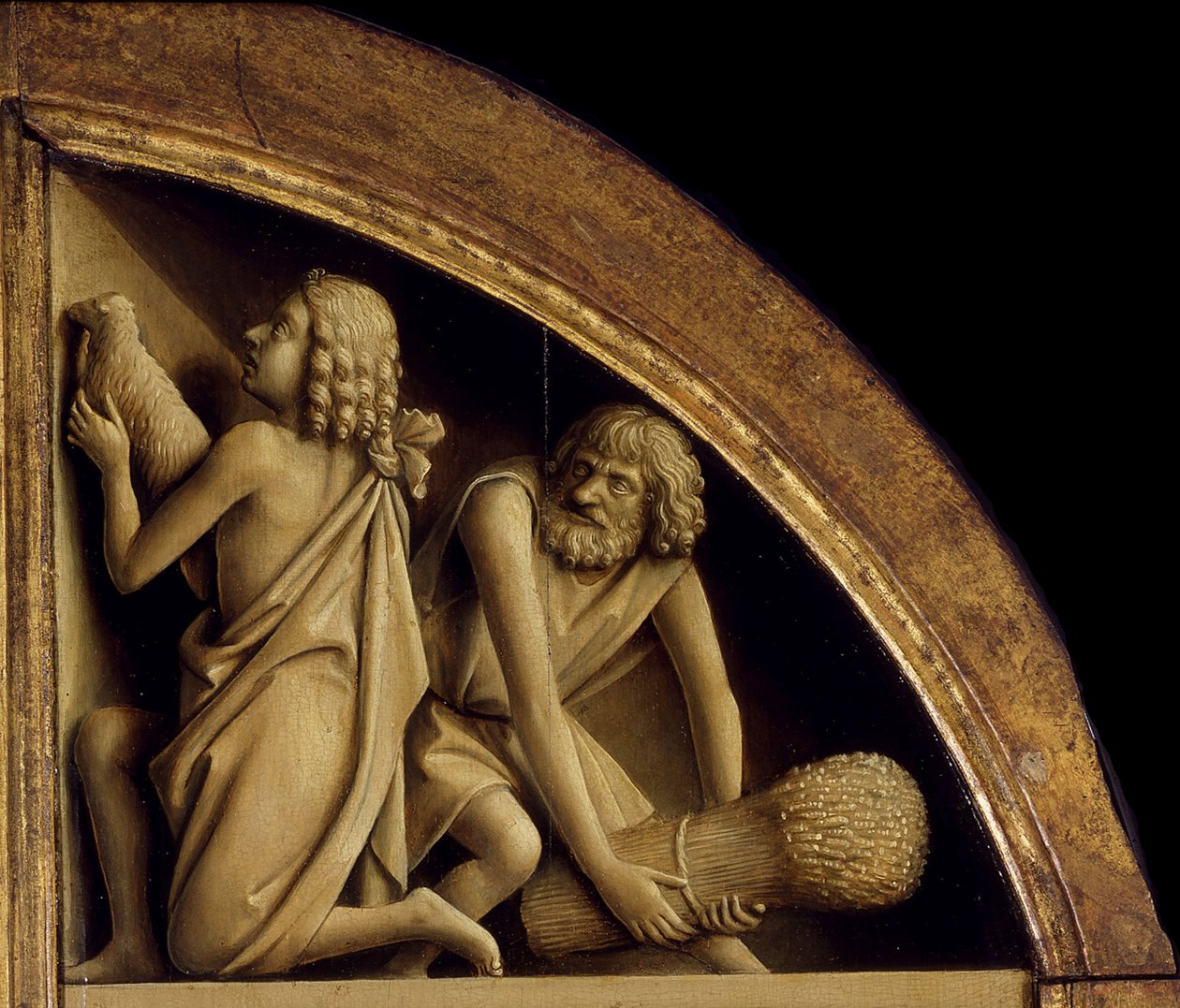 Gents altartavla. Tillbedjan av det mystiska lammet: Kains och Abels offer, 1432. av Jan van Eyck