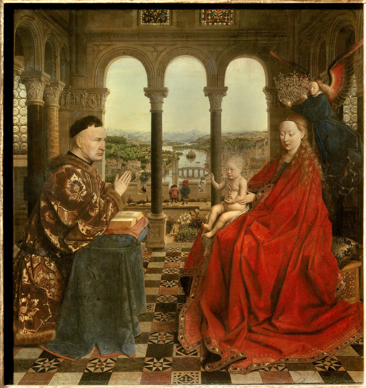 Jungfrun av kansler Rolin Nicolas Rolin (1376-1461) var kansler i Bourgogne under Philippe Le Bon och grundare av Hospices de Beaune 1443. Målning av Jan van Eyck (1390-1441). 1400-talets sön. 0,66x0,62 m Paris, - Jungfrun av Kansler R av Jan van Eyck