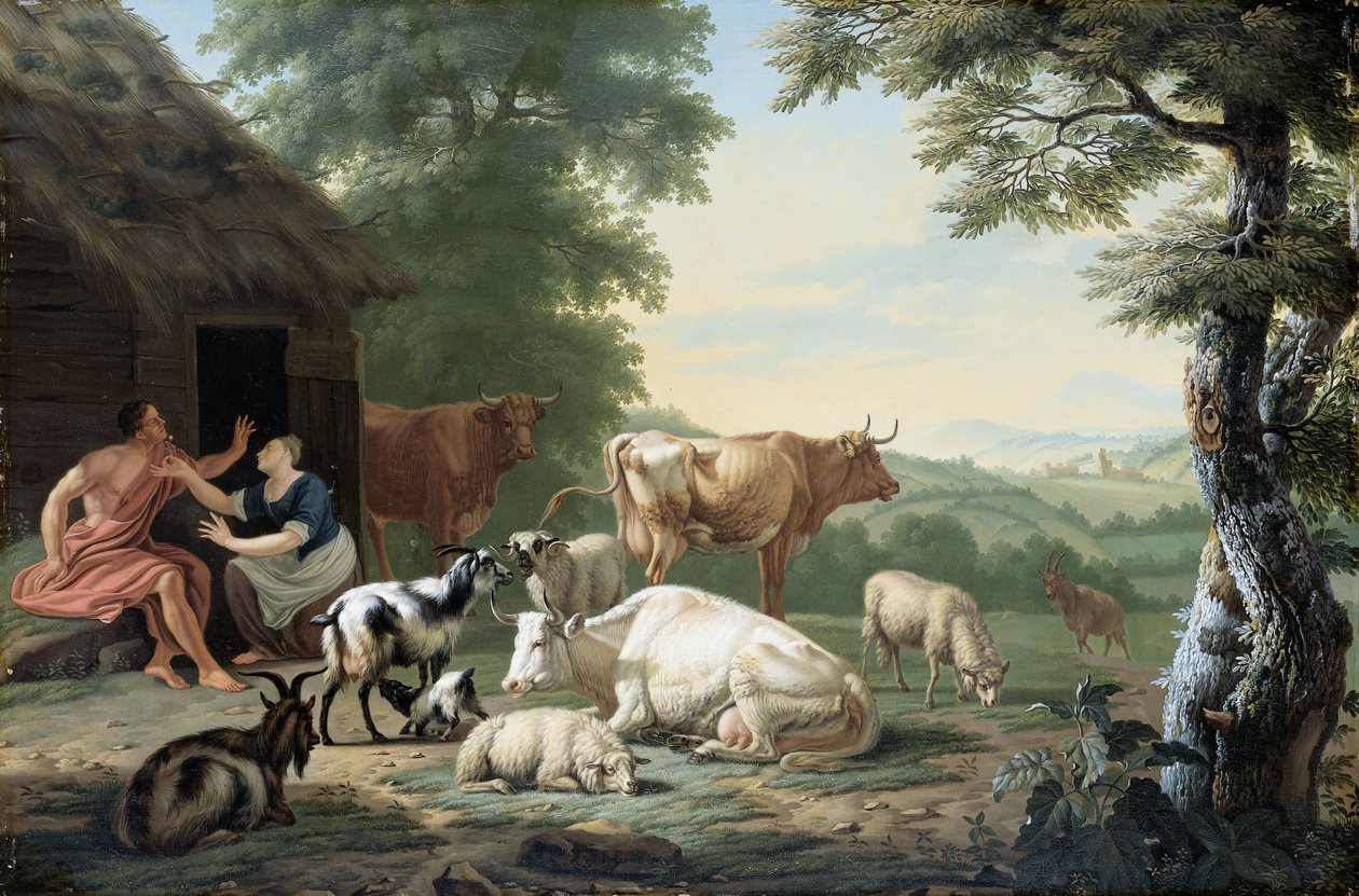 Arkadiskt landskap med herdar och boskap av Jan van Gool