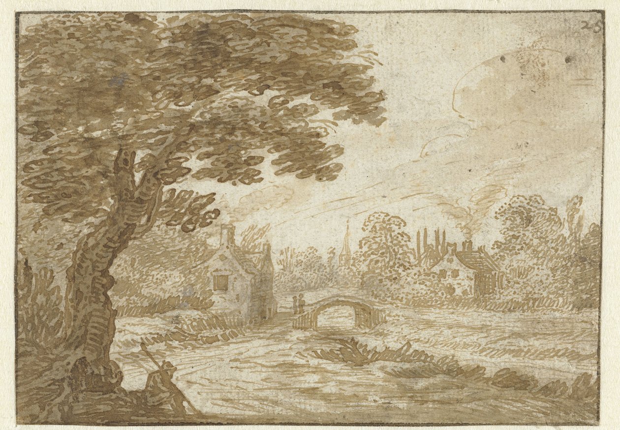 Landskap med hus och en bro av Jan van Goyen (possibly)