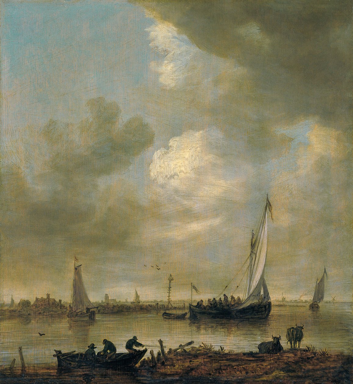 En flodmynning med "Smalschips", fiskare och boskap som vattnar av Jan van Goyen