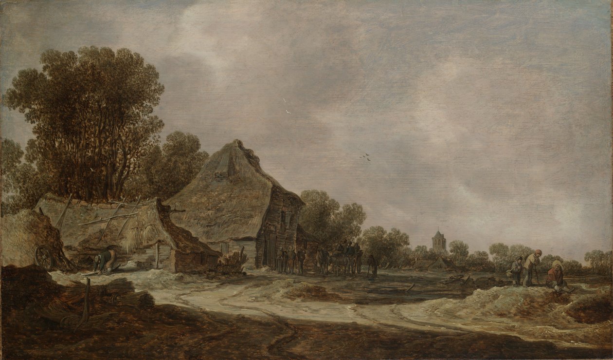 En sandig väg med halmtäckta stugor av Jan van Goyen