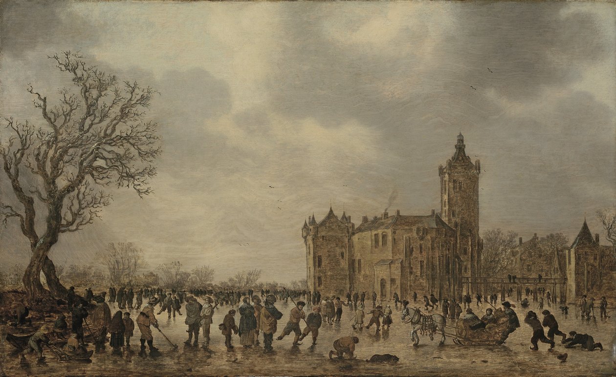 Ett vinterlandskap med figurer som desporterar på isen vid slottet Montfoort av Jan van Goyen