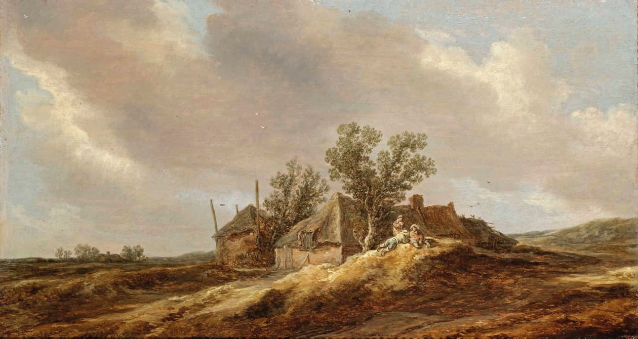 Ett vidsträckt dynlandskap med bönder som vilar framför en bondgård av Jan van Goyen
