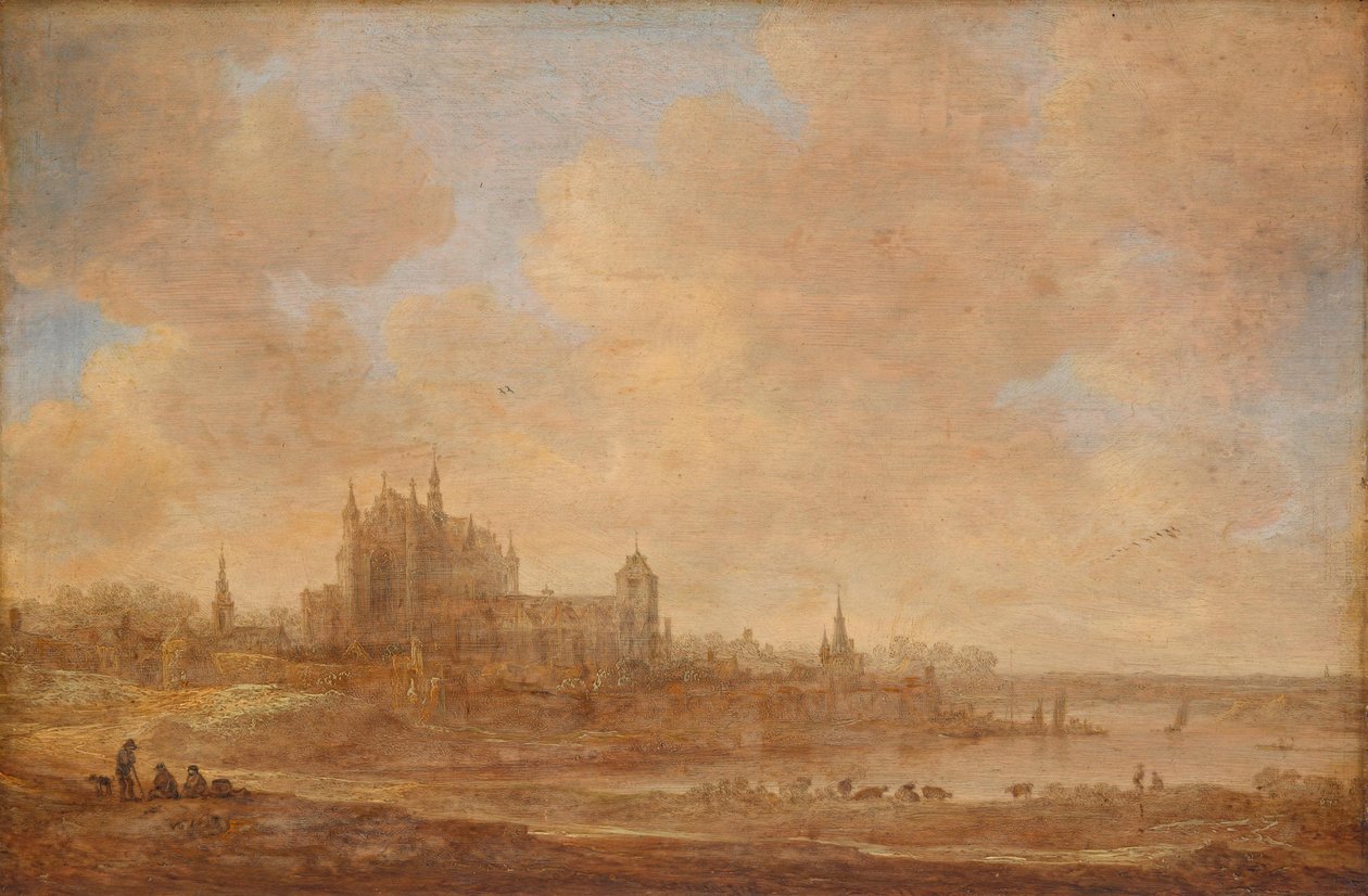 Flodlandskap med Hooglandse Kerk i Leiden av Jan van Goyen