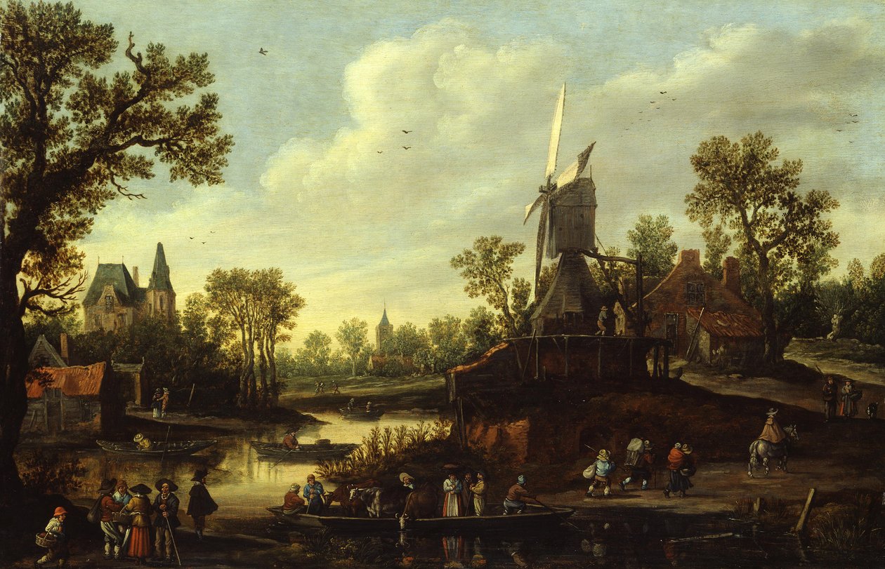 Tyska: Flusslandschaft mit Fähre Flodlandskap med en färja av Jan van Goyen