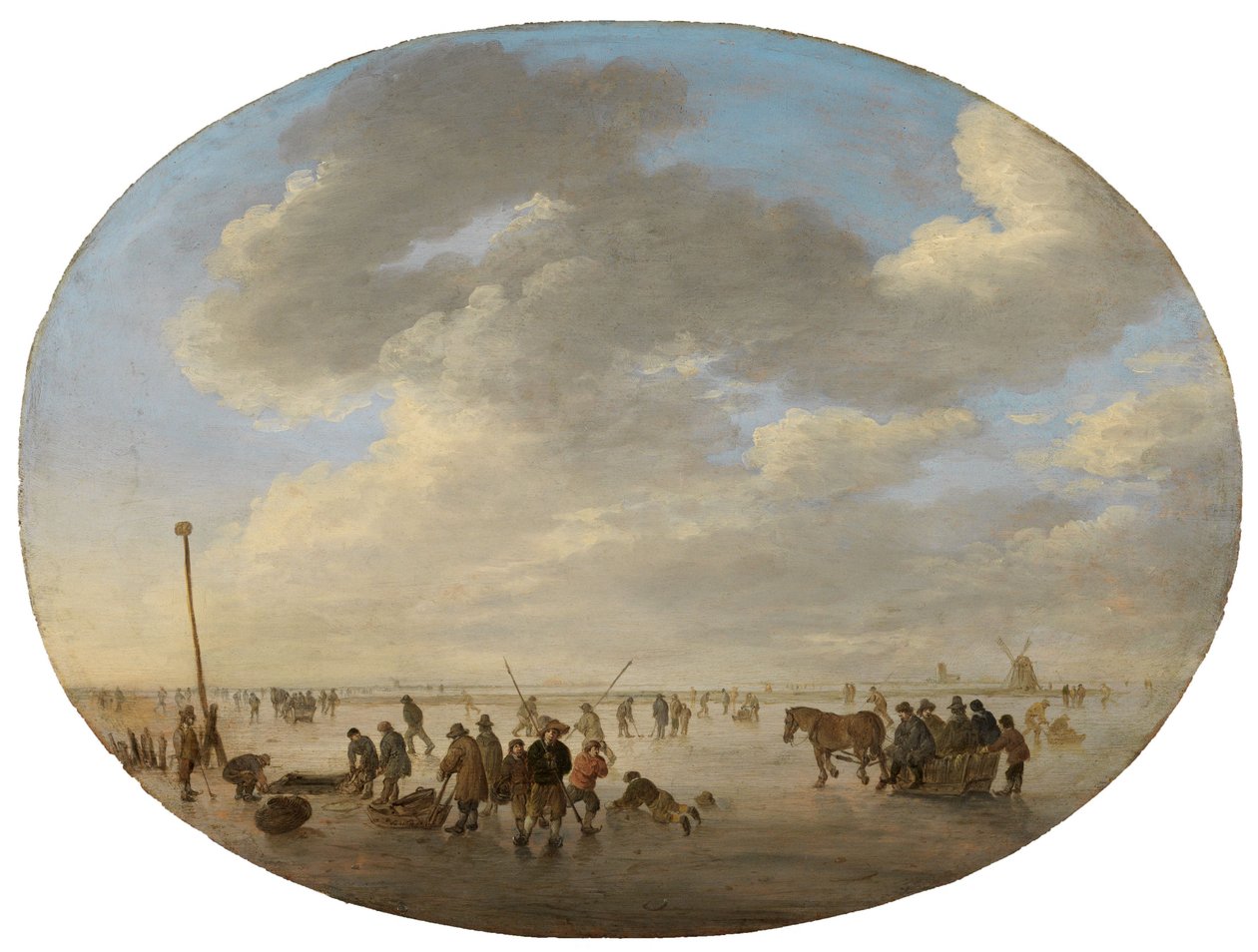 Holländskt platt landskap med skridskoåkare av Jan van Goyen