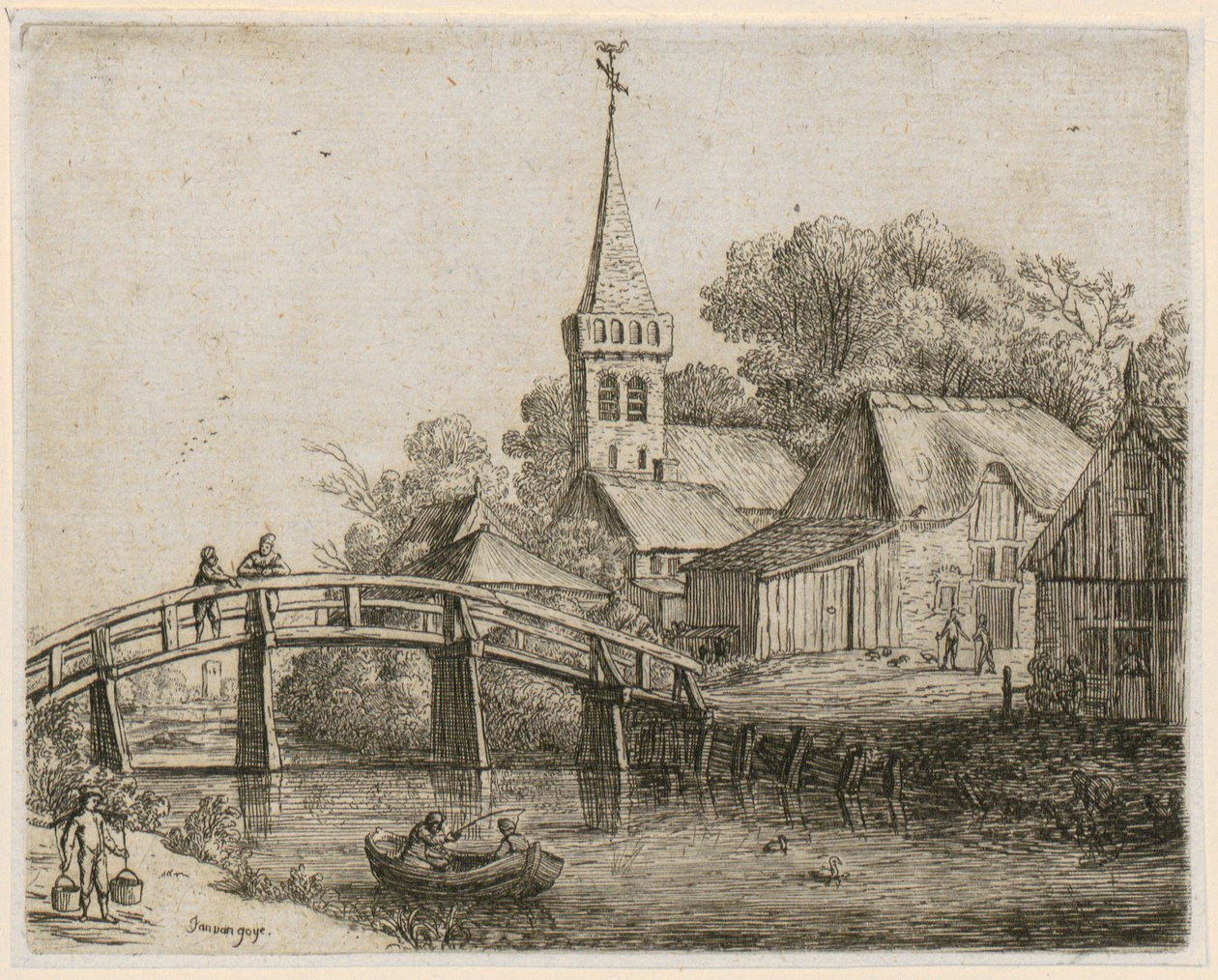 Träbro, blad 4 ur serien ”Olika landskap” av Jan van Goyen