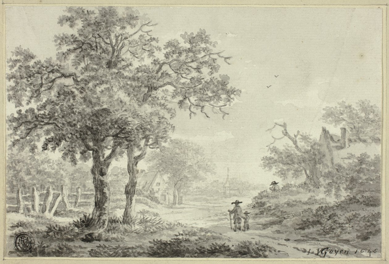 Man och pojke går längs en byväg av Jan van Goyen