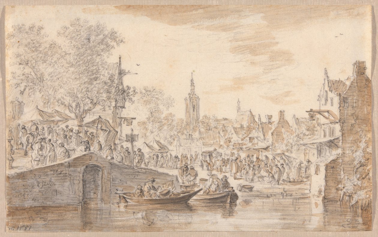 Marknad nära en kanal av Jan van Goyen