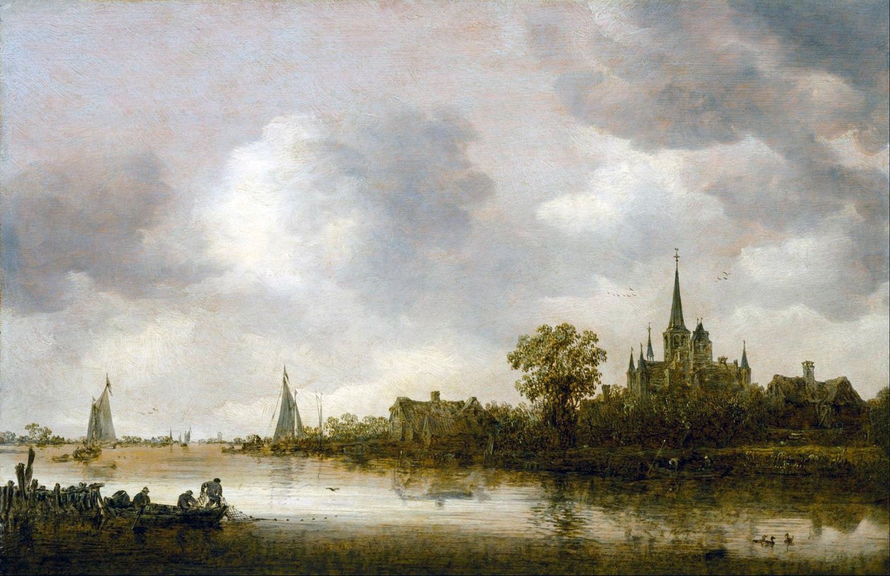 Flodlandskap med en kyrka i fjärran av Jan van Goyen