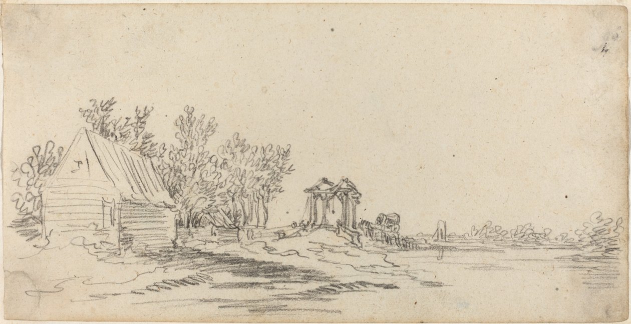 Flodlandskap med en avlägsen bro av Jan van Goyen