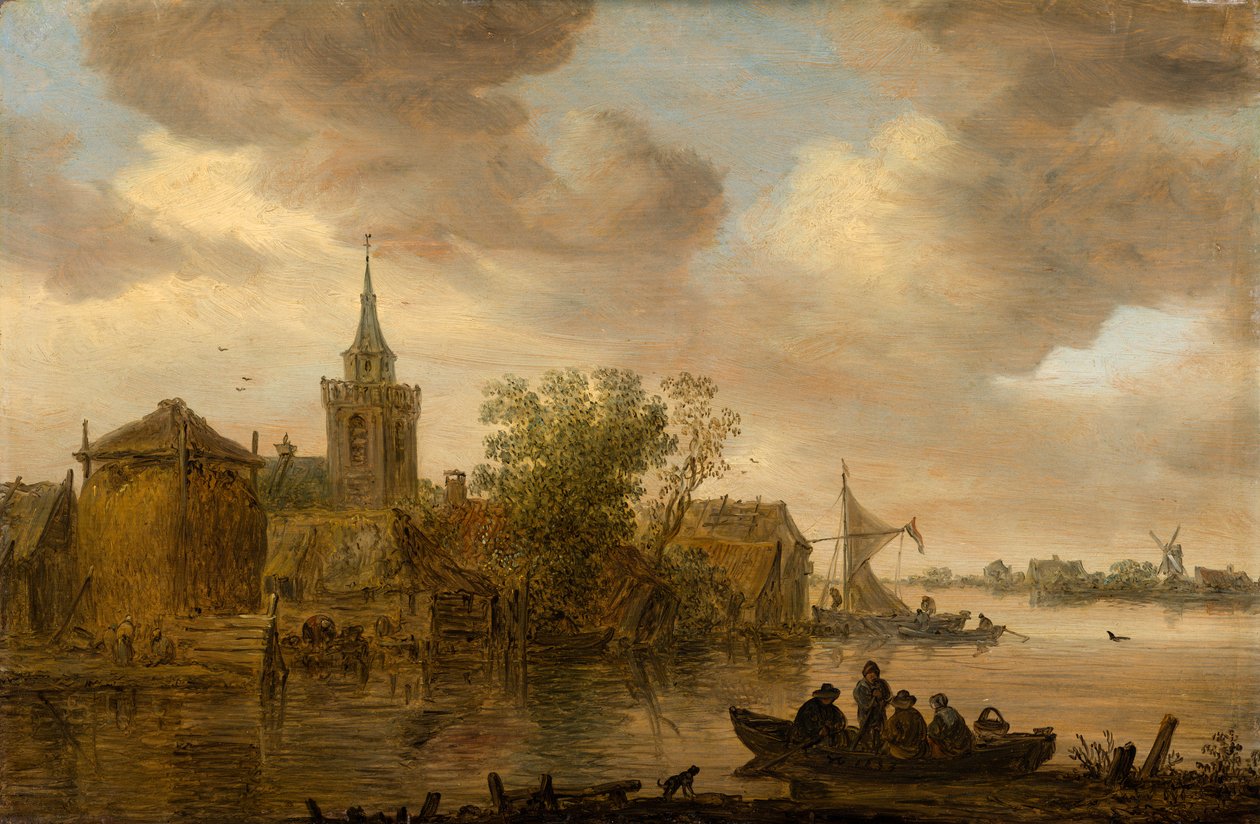 Utsikt över floden med kyrka och bondgård av Jan van Goyen