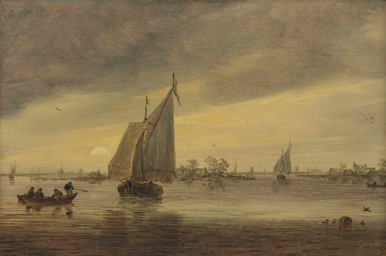 Soluppgång över Haarlemmermeer med ett schmalship och andra båtar av Jan van Goyen