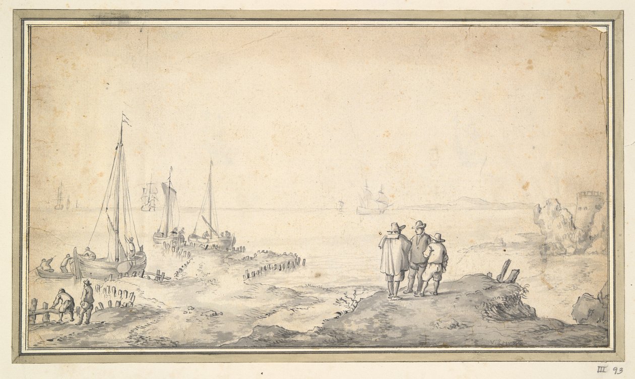 Tre figurer på en sanddyn med utsikt över bukten med skepp av Jan van Goyen