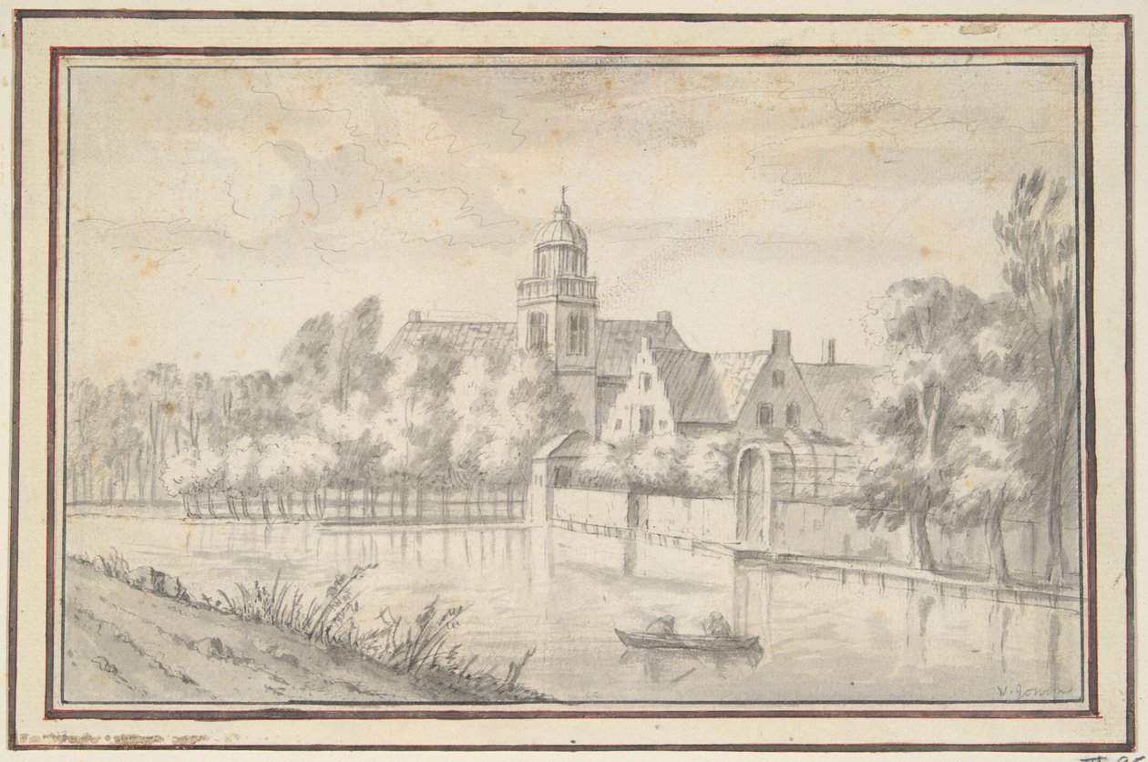 Utsikt över slottet och huset vid floden av Jan van Goyen