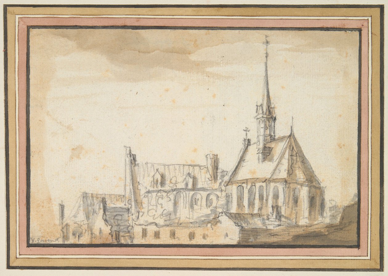 Vy över en kyrka och andra byggnader av Jan van Goyen