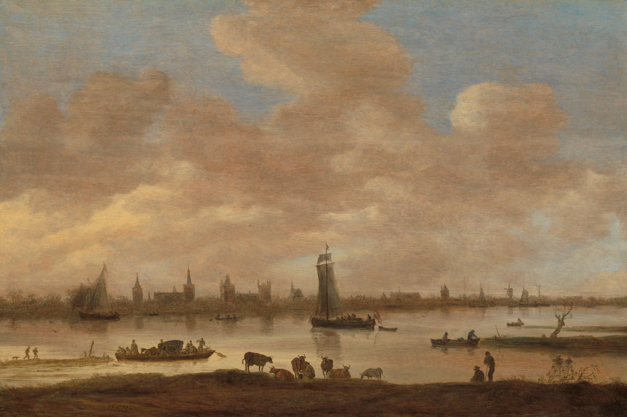 Utsikt över en imaginär stad över en flod, med Saint Pols torn i Vianen av Jan van Goyen