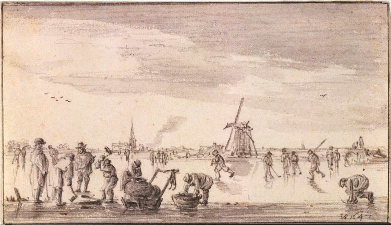 Vinterlandskap med skridskoåkare och fiskare av Jan van Goyen