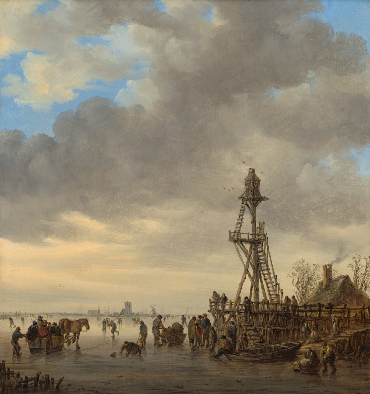 Vinterlandskap med frusen sjö, skridskoåkare och utsiktstorn i trä av Jan van Goyen