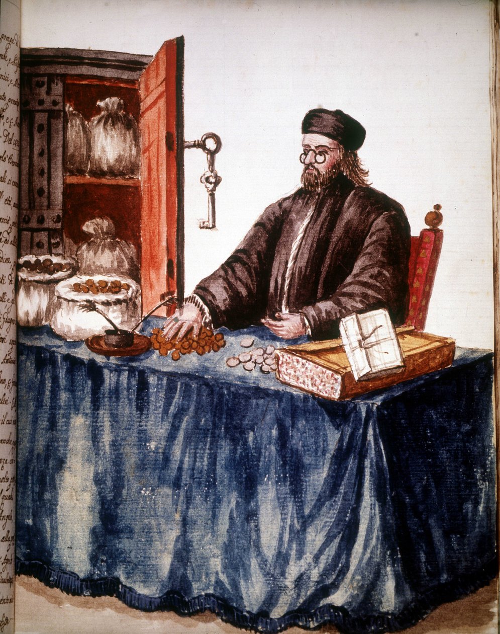 En bankir i Venedig. Akvarellteckning och tusch från manuskriptet "Venitianernas seder"" av Jan van Grevenbroek (eller Giovanni Grevenbroich (Grevenbroich) (1731-1807) av Jan van Grevenbroeck