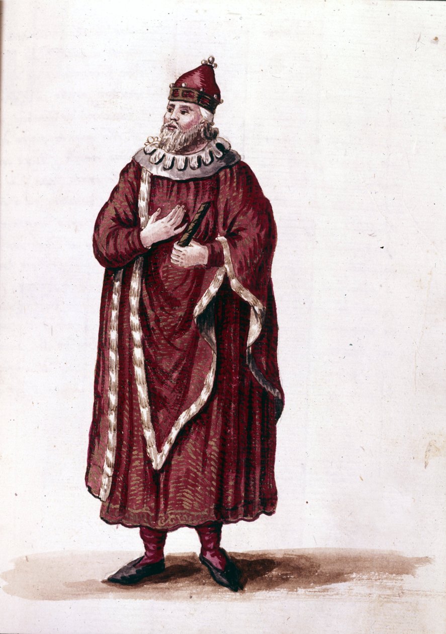 En doge på 1000-talet. Akvarellteckning och tusch från manuskriptet "Venitianernas seder"" av Jan van Grevenbroek (eller Giovanni Grevenbroich (Grevenbroich) (1731-1807) av Jan van Grevenbroeck
