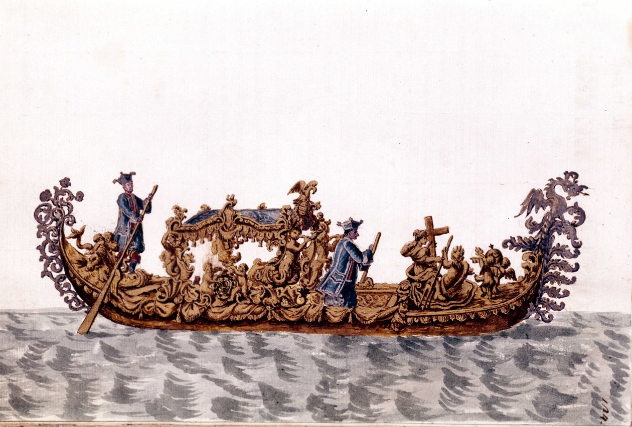 En kunglig gondol. Akvarellteckning och tusch från manuskriptet "Venitianernas seder"" av Jan van Grevenbroek (eller Giovanni Grevenbroich (Grevenbroich) (1731-1807) av Jan van Grevenbroeck