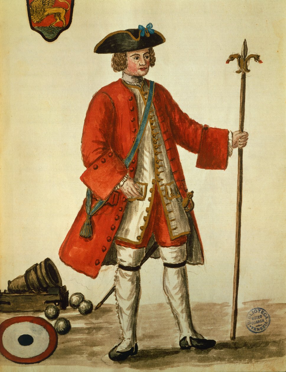 En artilleriman från Venedigs flotta i uniform, hämtad från Venicens kostymer av Giovanni di Grevembroch (1731-1807) Akvarell av Jan van Grevenbroeck