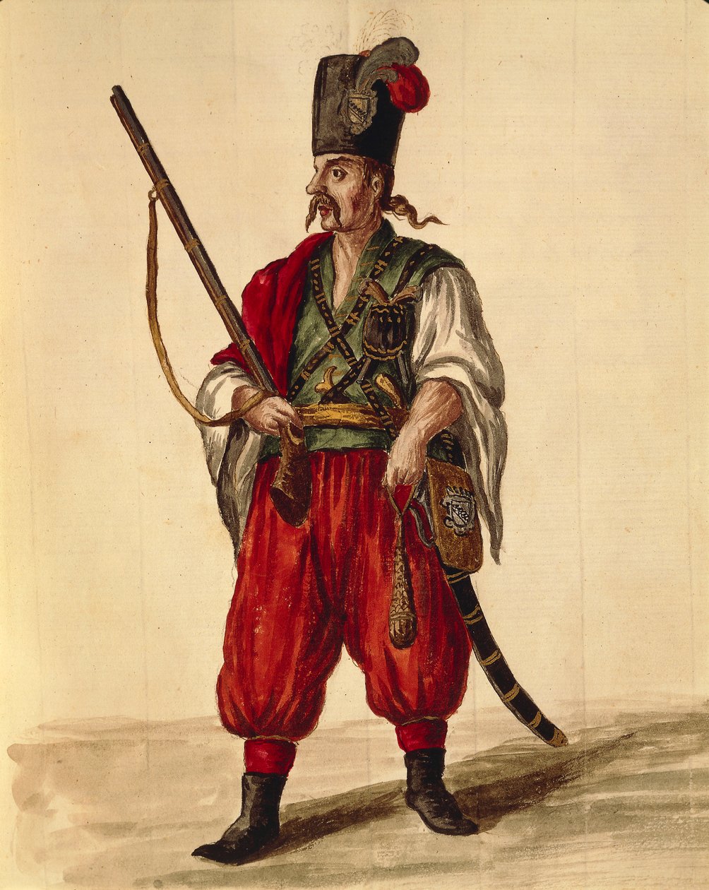 Karbinuniform, av Jan van Grevenbroeck eller Giovanni Grevembroch (1731-1807), Gli Abiti de Veneziani, från illustrerad kostymbok, akvarell av Jan van Grevenbroeck