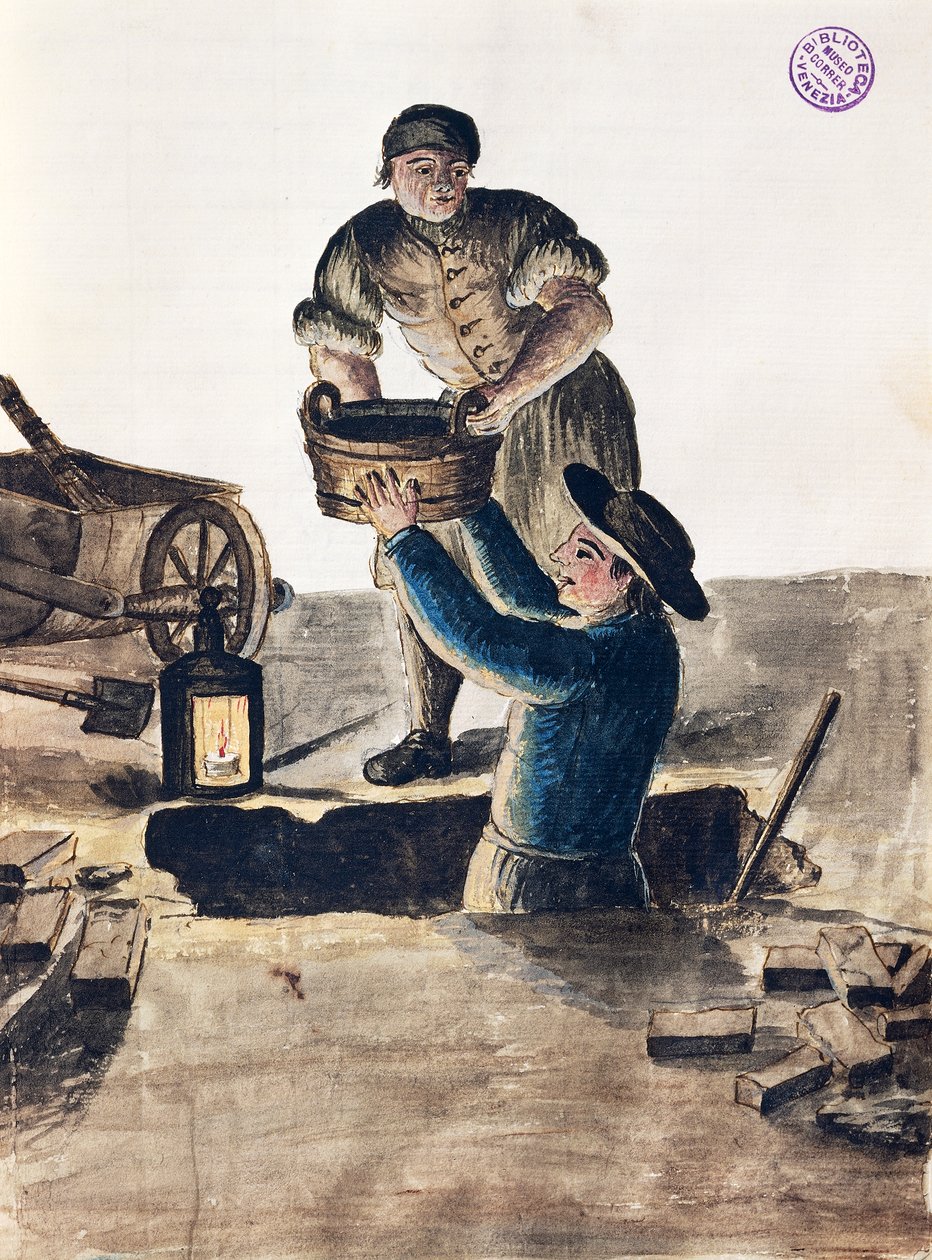 Rengöring av allmänt avlopp, illustration från Illustrerad bok med venetianska dräkter, av Jan Grevenbroeck (1731-1807), akvarell, Italien av Jan van Grevenbroeck
