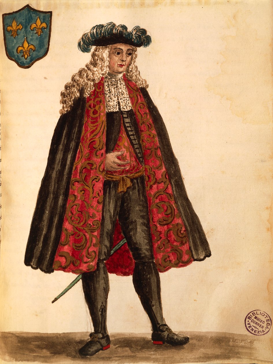Fransk ambassadör, av Jan van Grevenbroeck eller Giovanni Grevembroch (1731-1807), Gli Abiti de Veneziani, från illustrerad kostymbok, akvarell av Jan van Grevenbroeck
