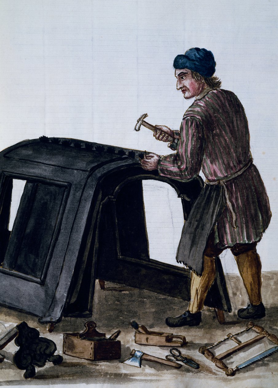 Gondolbyggare, illustration av Jan van Grevenbroeck (1731-1807) från manuskriptet Dress of Venetians, Italien av Jan van Grevenbroeck