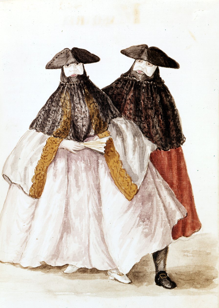 Masker av karnevalen i Venedig. Akvarellteckning och tusch från manuskriptet "Venitianernas seder"" av Jan van Grevenbroek (eller Giovanni Grevenbroich (Grevenbroich) (1731-1807) av Jan van Grevenbroeck