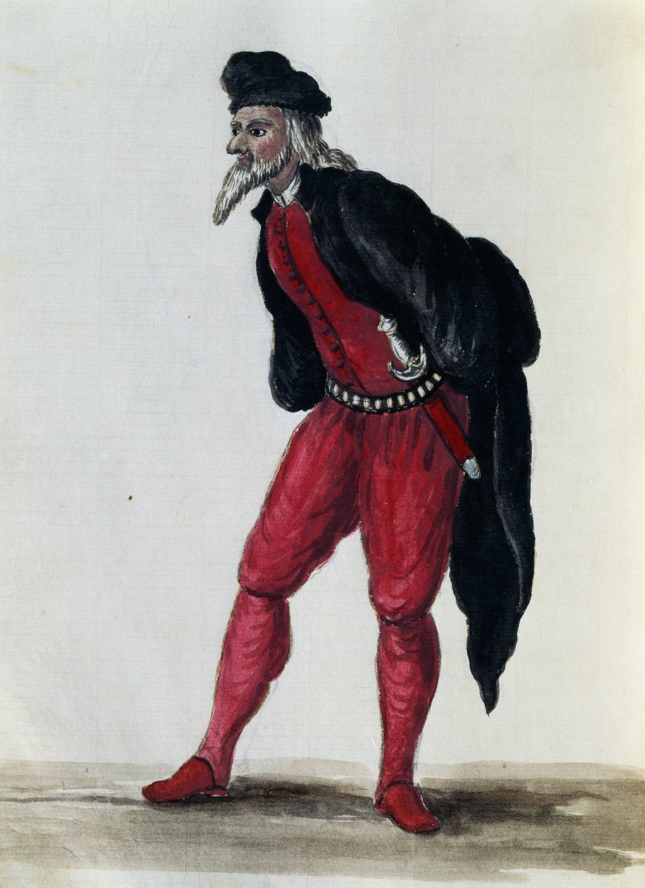 Pantaloon, köpman i Venedig, illustration från kostymer av venetianare i nästan alla åldrar, flitigt samlad och målad på 1700-talet, Giovanni di Grevembroch (1731-1807) av Jan van Grevenbroeck