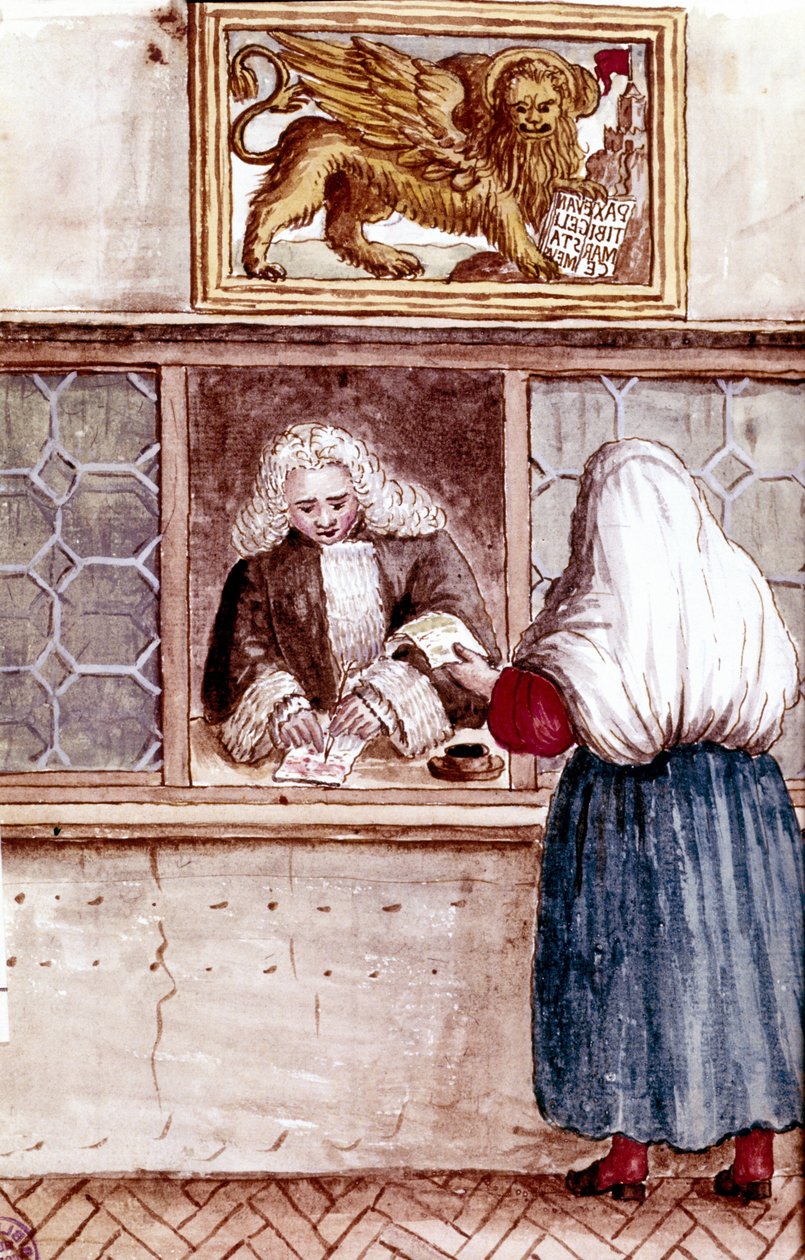 Pantbank. fromhetens berg i Venedig. Akvarellteckning och tusch från manuskriptet "Venitianernas seder"" av Jan van Grevenbroeck (eller Giovanni Grevembroch (Grevenbroch) (1731-1807) av Jan van Grevenbroeck