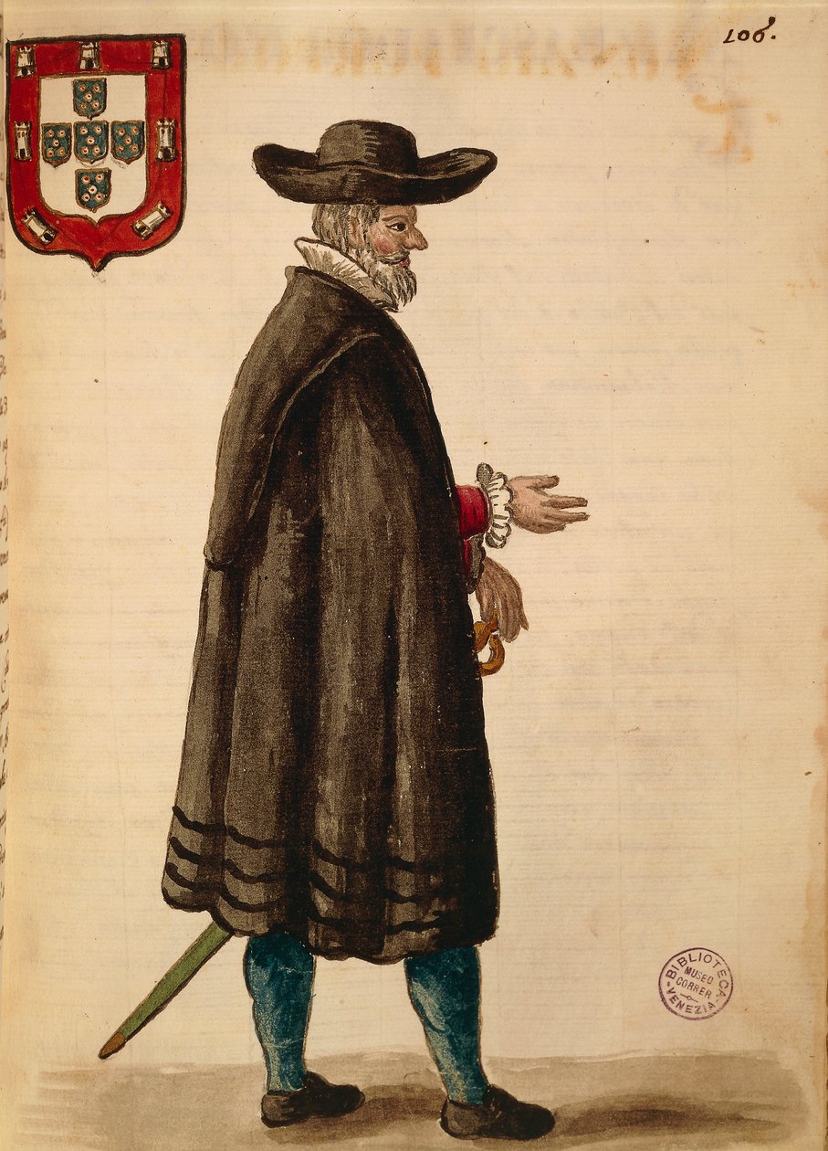 Portugisisk ambassadör, av Jan van Grevenbroeck eller Giovanni Grevembroch (1731-1807), Gli Donne de Veneziani, från illustrerad kostymbok, akvarell av Jan van Grevenbroeck