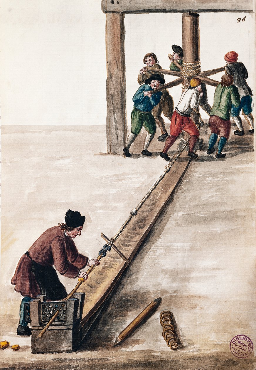 Bearbetningsstavar för mintillustration från Illustrerad bok med venetianska dräkter, av Jan Grevenbroeck (1731-1807), akvarell, Italien av Jan van Grevenbroeck