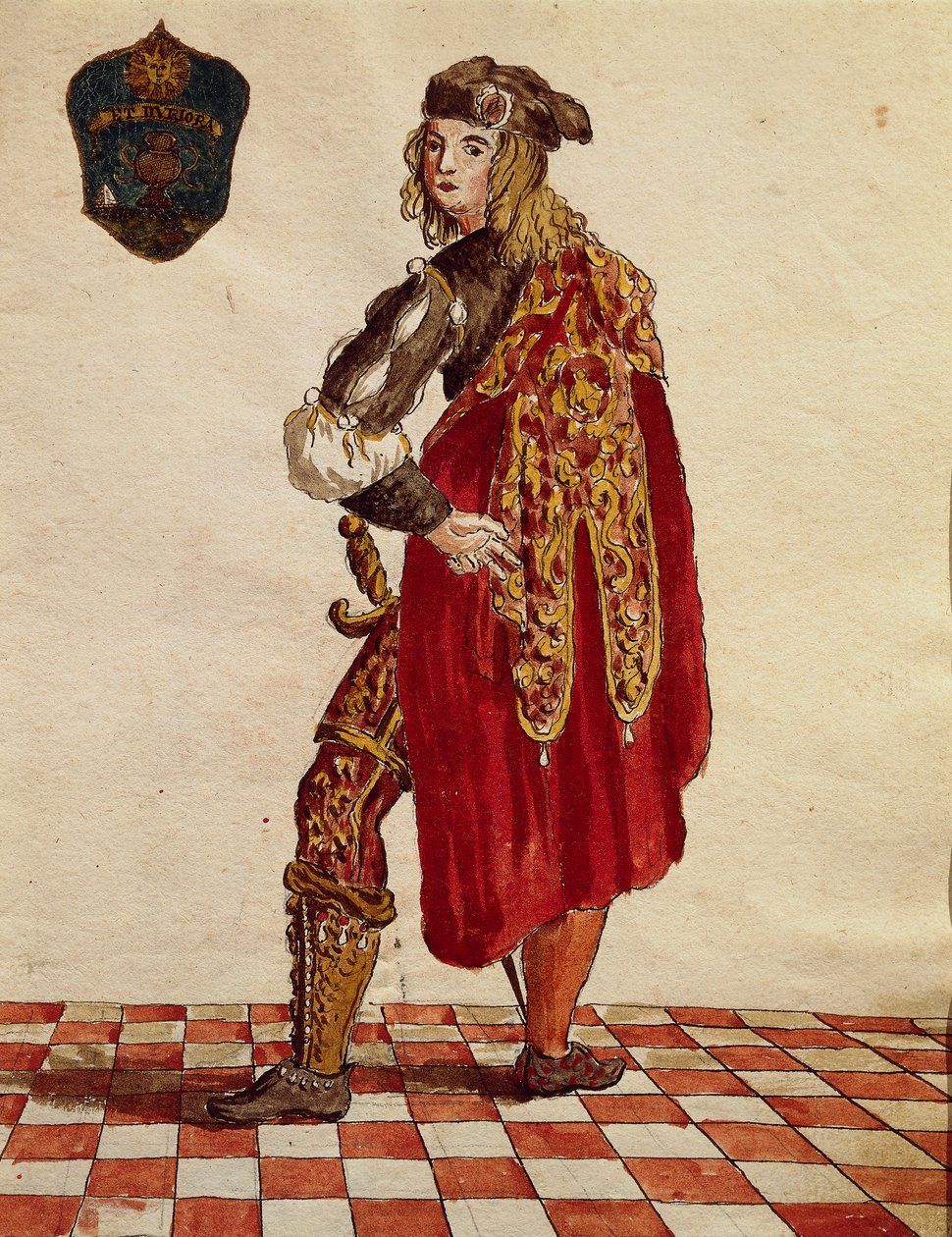 Dräkt av riddare av Confraternity de la Calza (Stocking) 1564, av Jan van Grevenbroeck eller Giovanni Grevembroch (1731-1807), Gli Abiti de Veneziani, från illustrerad bok med kostymer, akvarell av Jan van Grevenbroeck
