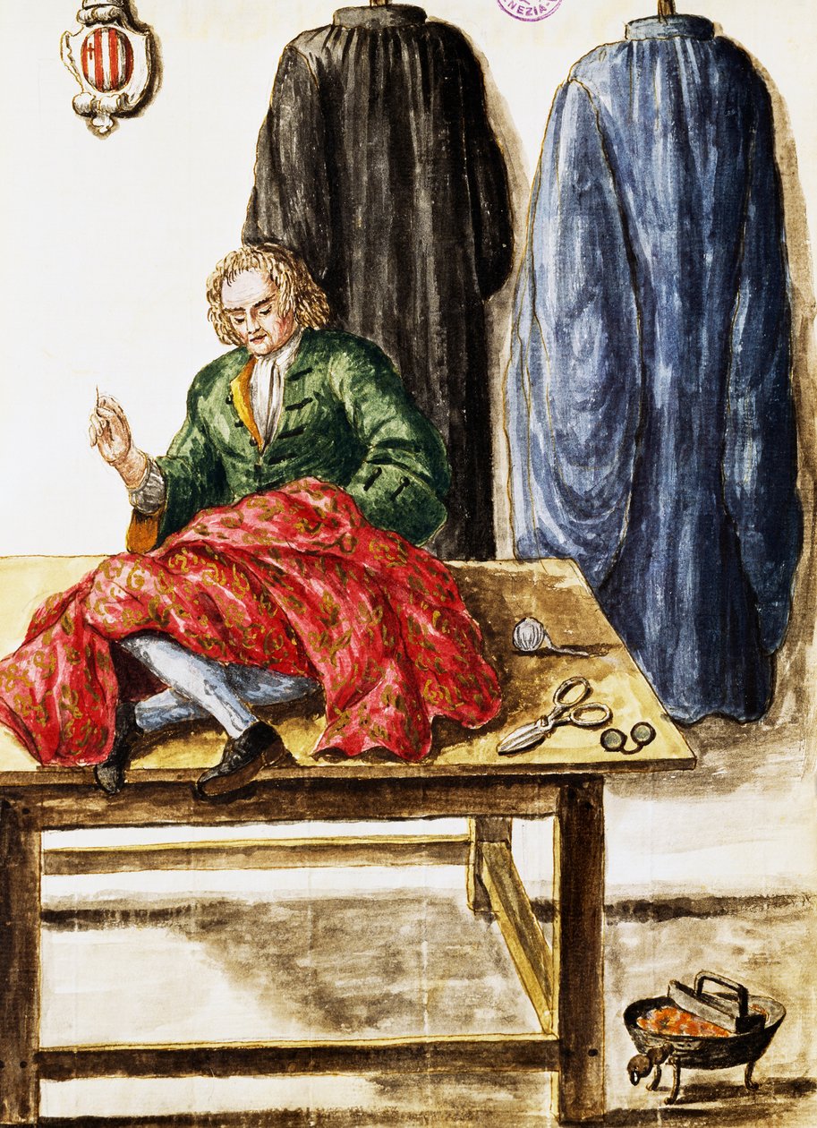 Skrædderbutik, illustration af Jan van Grevenbroeck (1731-1807) fra Dress of Venetians manuscript, Italyswed av Jan van Grevenbroeck