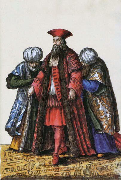 Republiken Venedigs och Konstantinopels ambassadör (penna & bläck och wc på papper) av Jan van Grevenbroeck