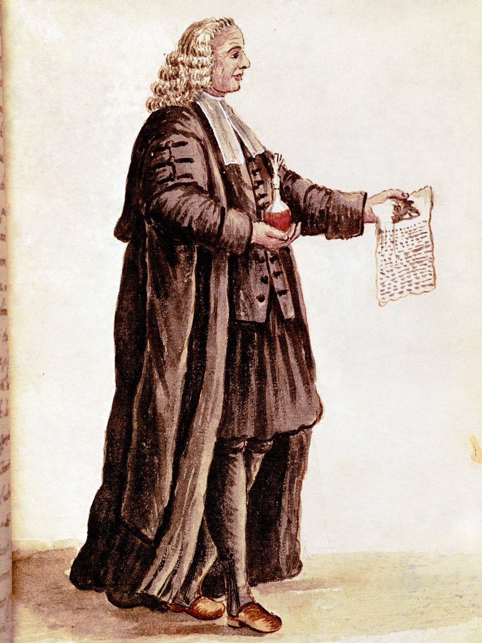 Apotekaren håller i sina händer en liten flaska och ett recept Ritar en akvarell och tusch från ett manuskript av Jan van Grevenbroek (eller Giovanni Grevenbroich (Grevenbroich) (1731-1807) av Jan van Grevenbroeck