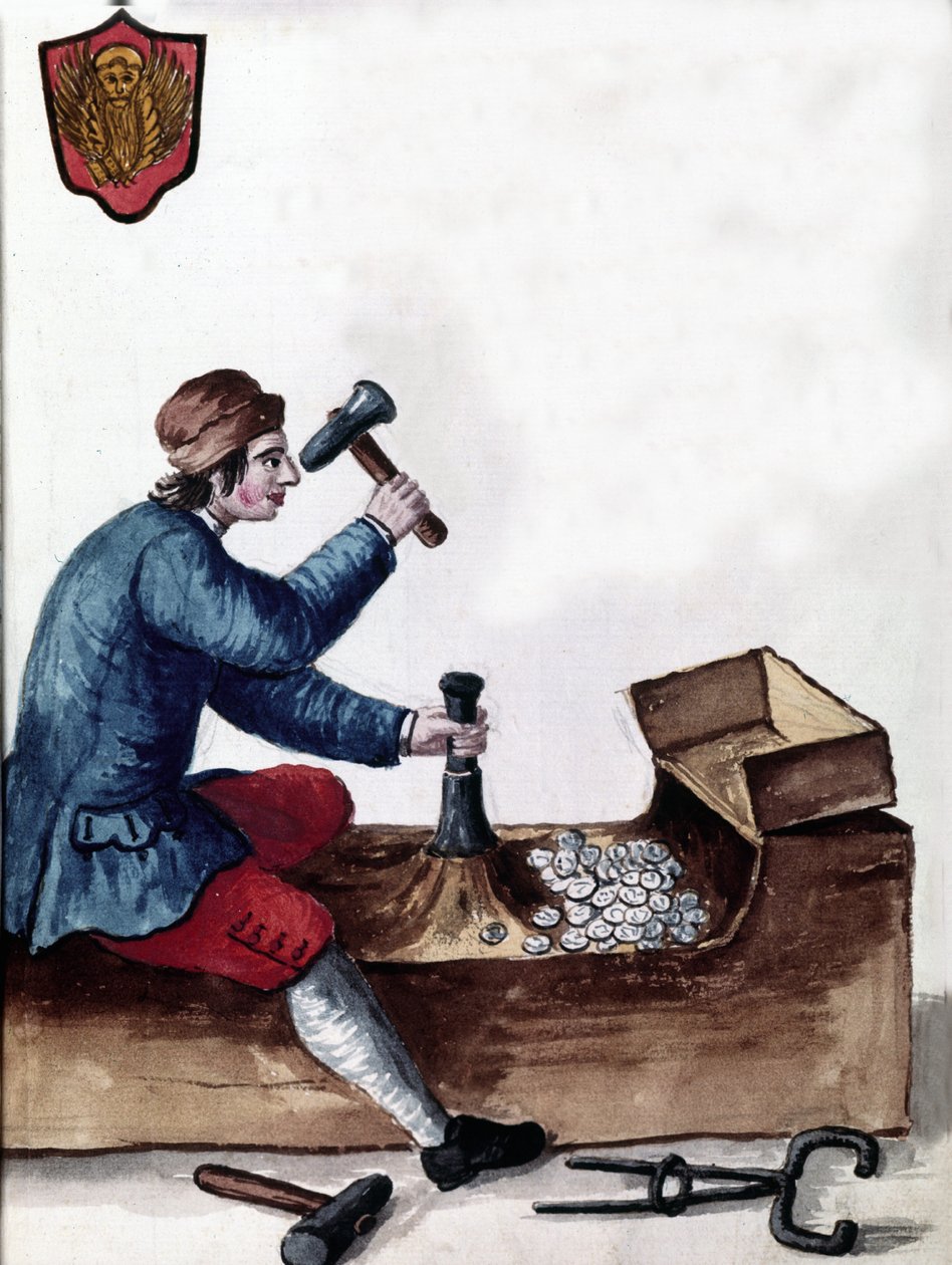 Tillverkning av mynt i Republiken Venedig: präglingsstadiet. Akvarellteckning och tusch från manuskriptet "Venitianernas seder"" av Jan van Grevenbroeck (eller Giovanni Grevembroch (Grevenbroch) (1731-1807) av Jan van Grevenbroeck