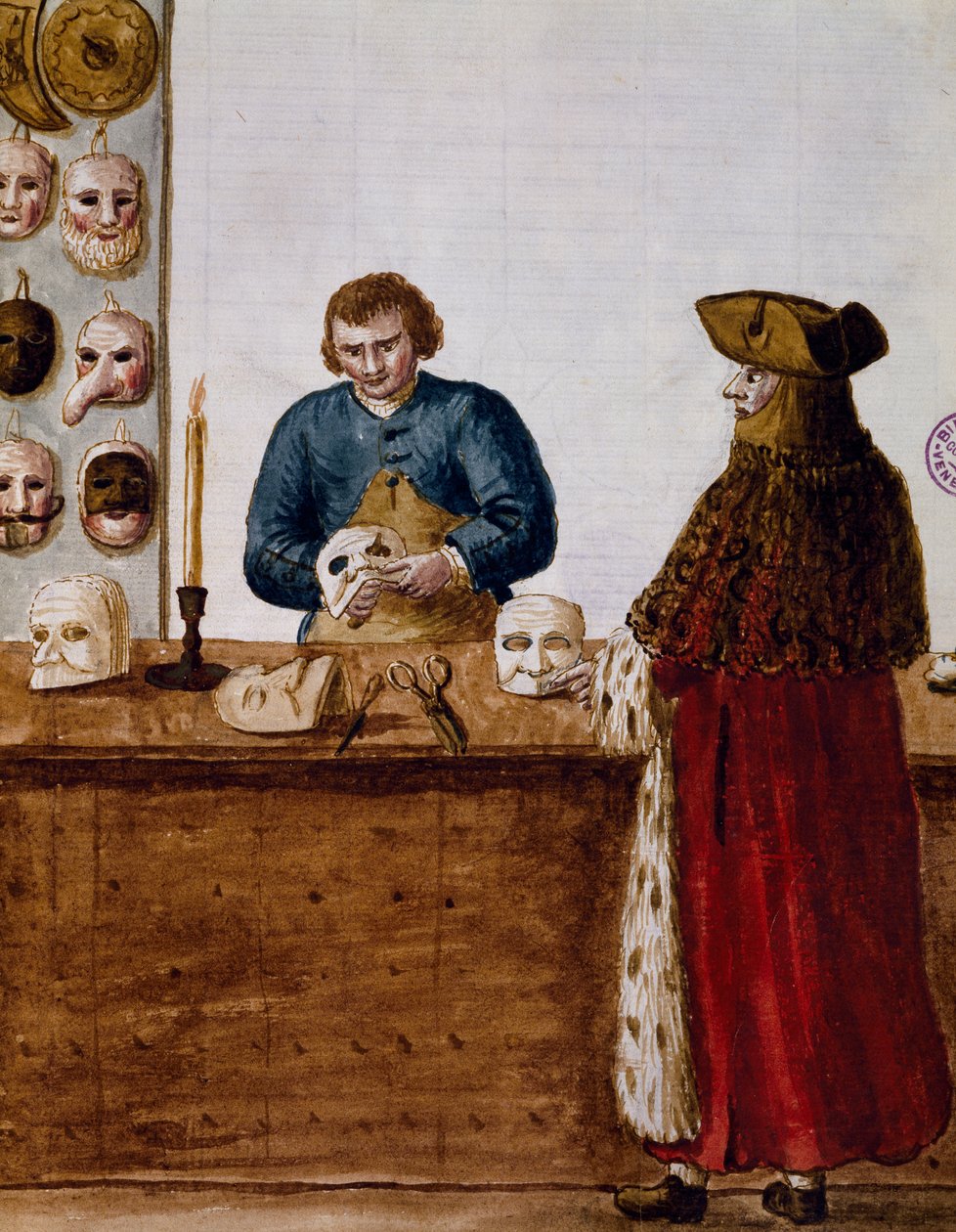 Maskaffären, illustration från Illustrerad bok med venetianska dräkter, Italien av Jan van Grevenbroeck