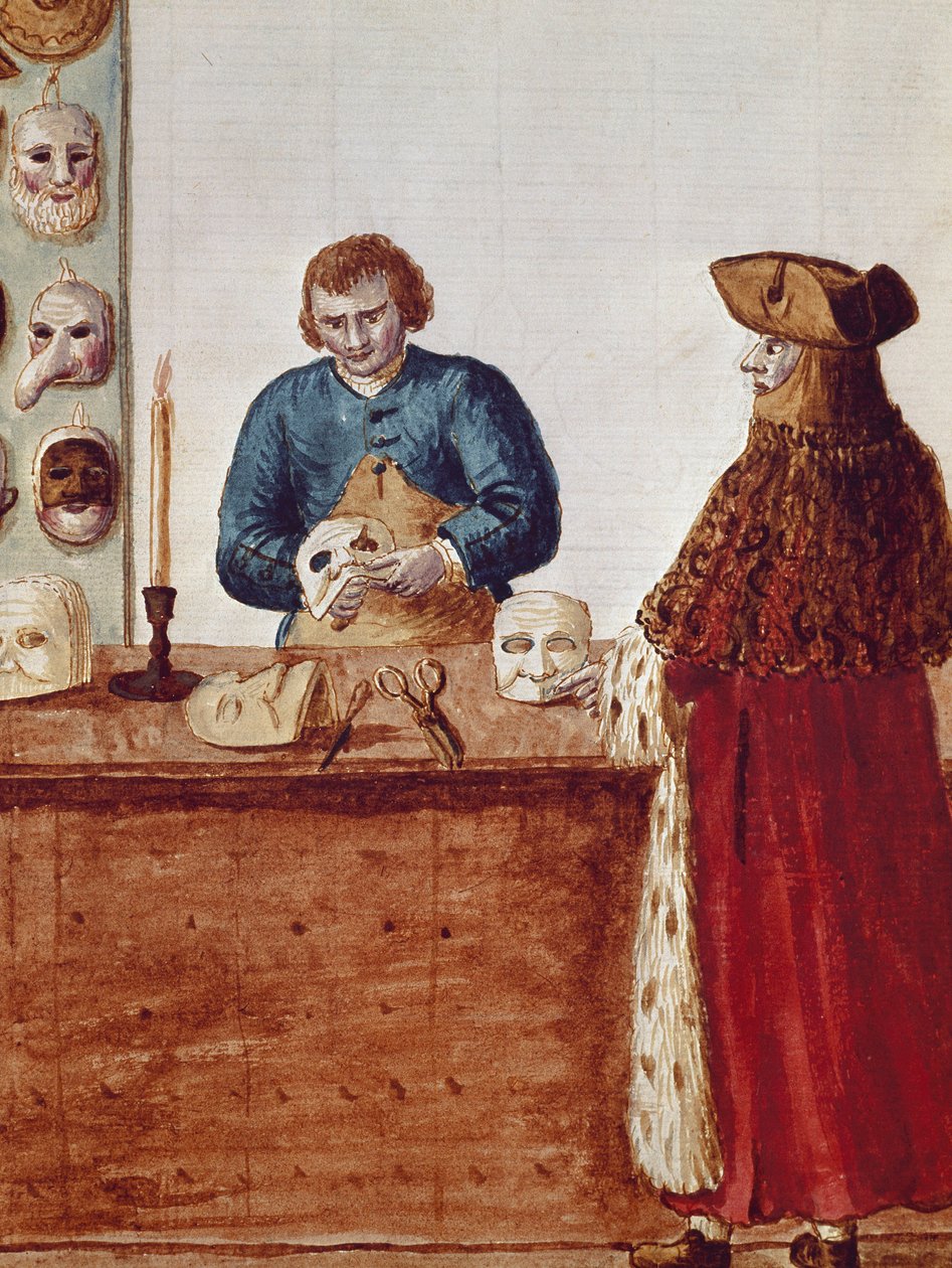 Maskbutiken för karnevalen i Venedig: en maskfigur kommer för att hämta en mask från hantverkaren Akvarellteckning och tusch från ett manuskript av Jan van Grevenbroeck (eller Giovanni Grevembroch (Grevenbroch) (1731-1807) av Jan van Grevenbroeck