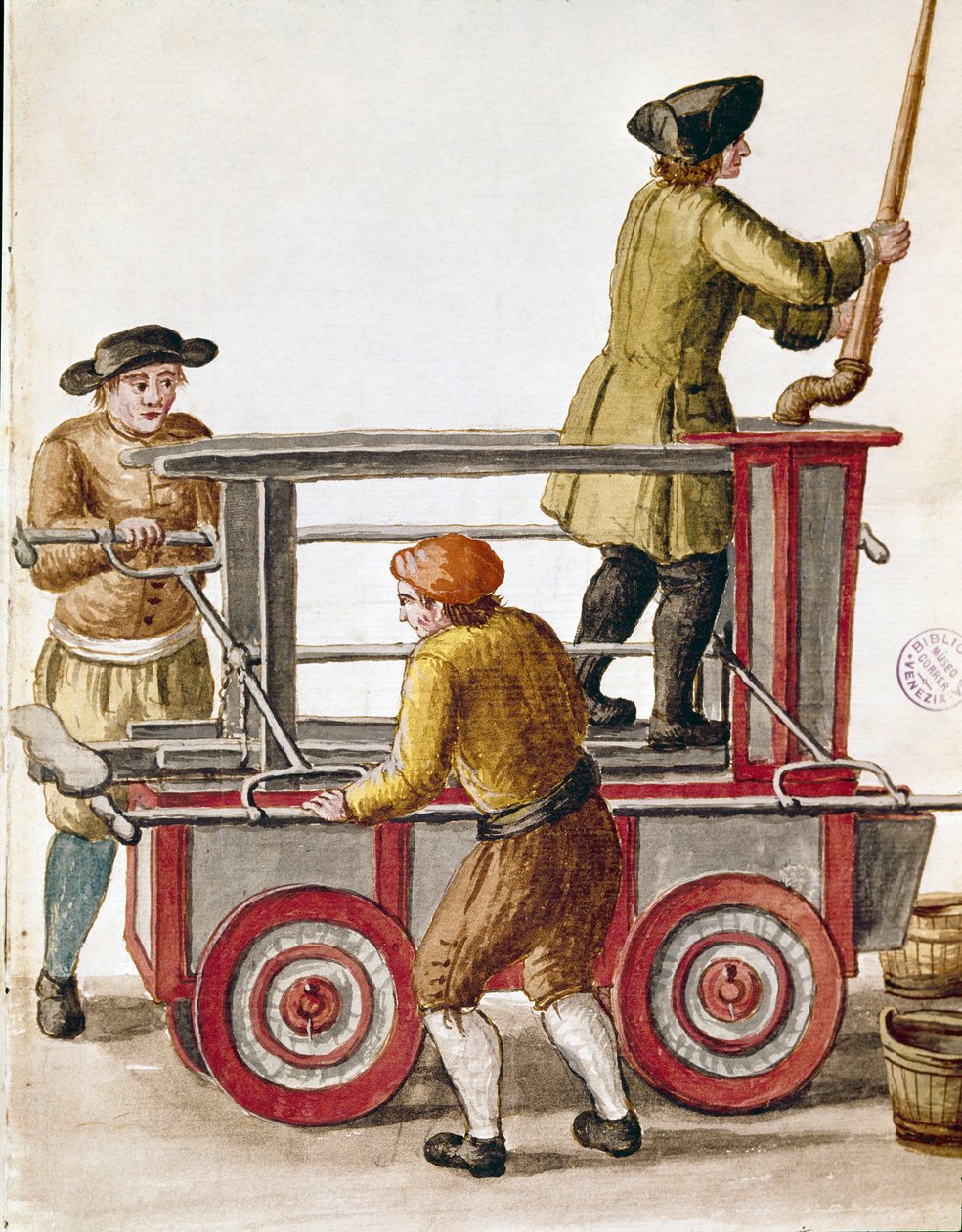 Användning av en vattenpump eller hydraulpump Akvarellteckning och bläck från ett manuskript av Jan van Grevenbroeck (eller Giovanni Grevembroch (Grevenbroch) (1731-1807) av Jan van Grevenbroeck